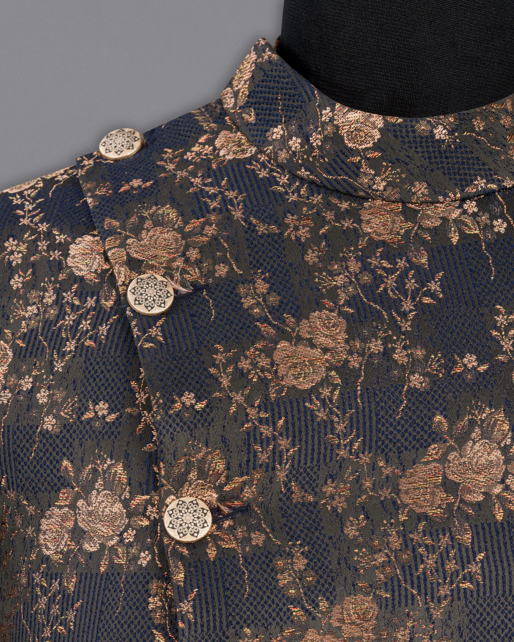 Cyprus Blue Floral Textured Cross Buttoned Bandhgala Blazer
