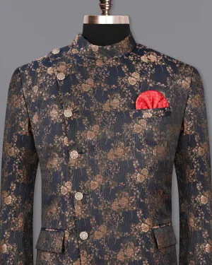 Cyprus Blue Floral Textured Cross Buttoned Bandhgala Blazer