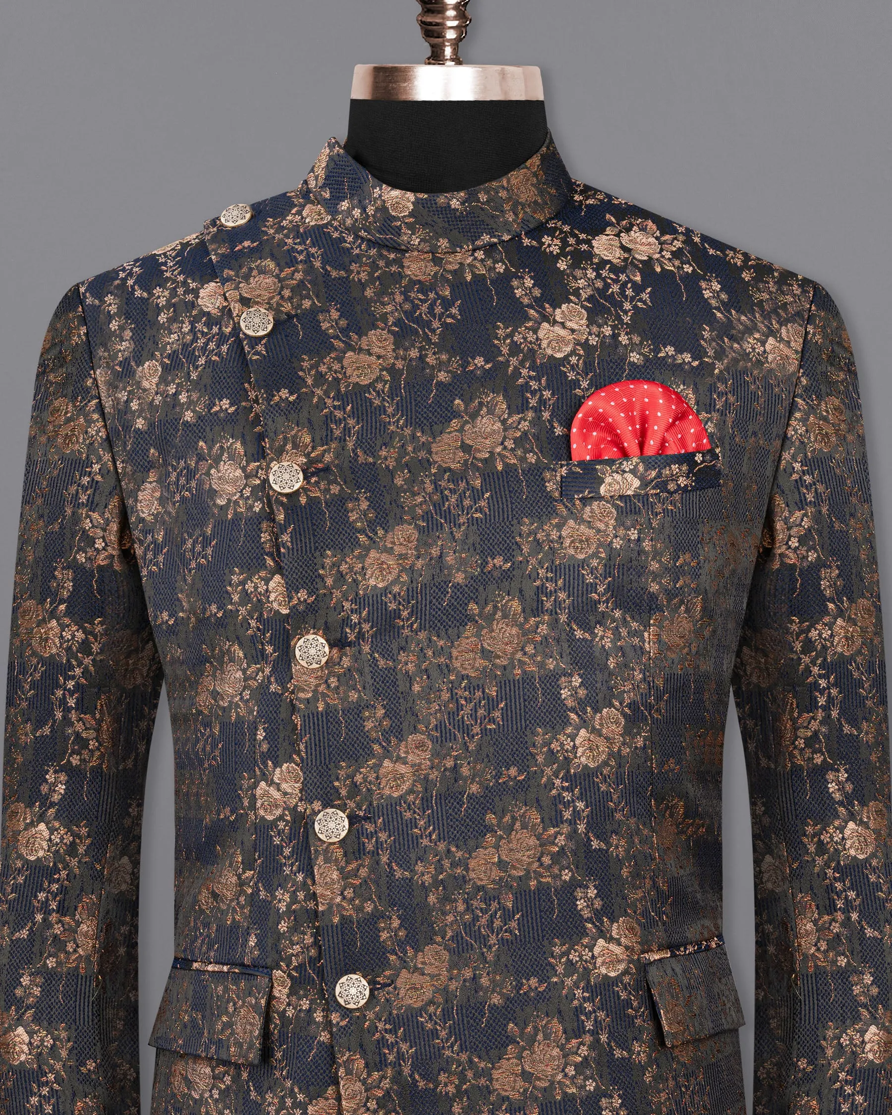 Cyprus Blue Floral Textured Cross Buttoned Bandhgala Blazer