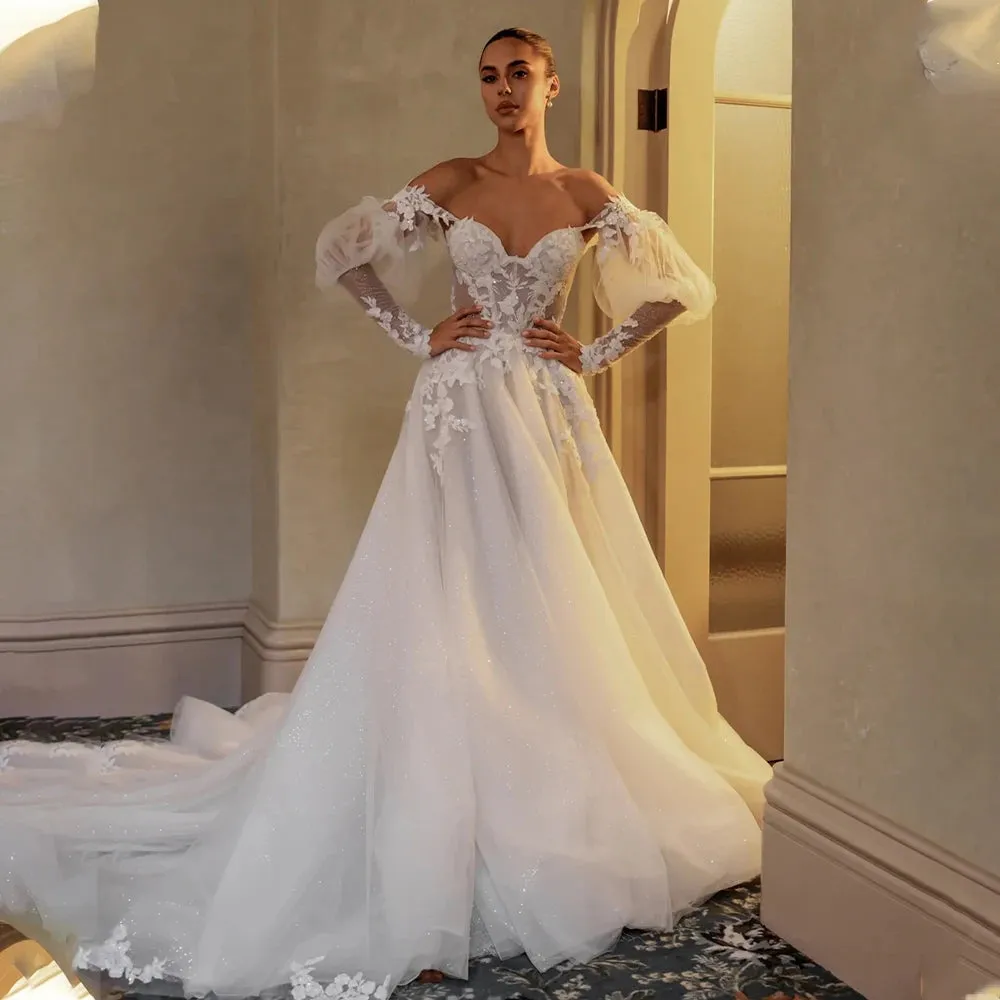 Detachable Long Puff Sleeves Sweetheart Lace Applique Bridal Grown A line Wedding Dresses Sweep Trian Custom Made Rode De