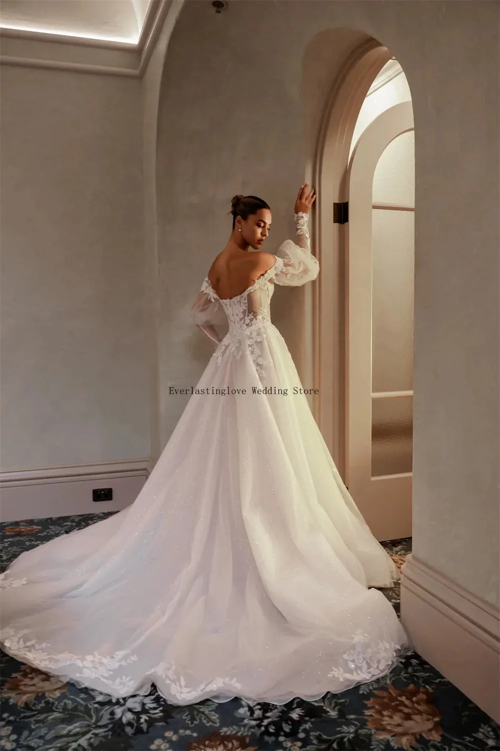 Detachable Long Puff Sleeves Sweetheart Lace Applique Bridal Grown A line Wedding Dresses Sweep Trian Custom Made Rode De