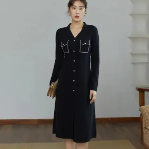 Elegant Black V-Neck Knitted A-line Winter Dress