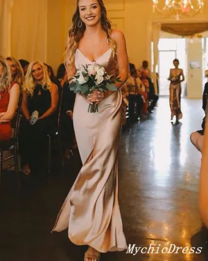 Elegant Champagne Wedding Guest Dresses Sheath Silk Satin Bridesmaid Dresses
