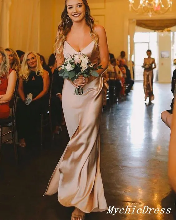 Elegant Champagne Wedding Guest Dresses Sheath Silk Satin Bridesmaid Dresses