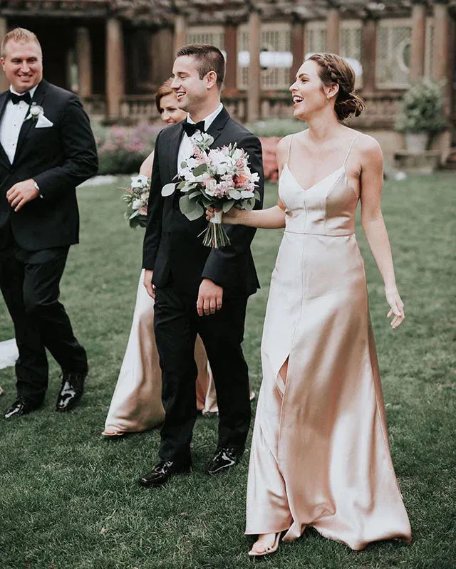 Elegant Champagne Wedding Guest Dresses Sheath Silk Satin Bridesmaid Dresses