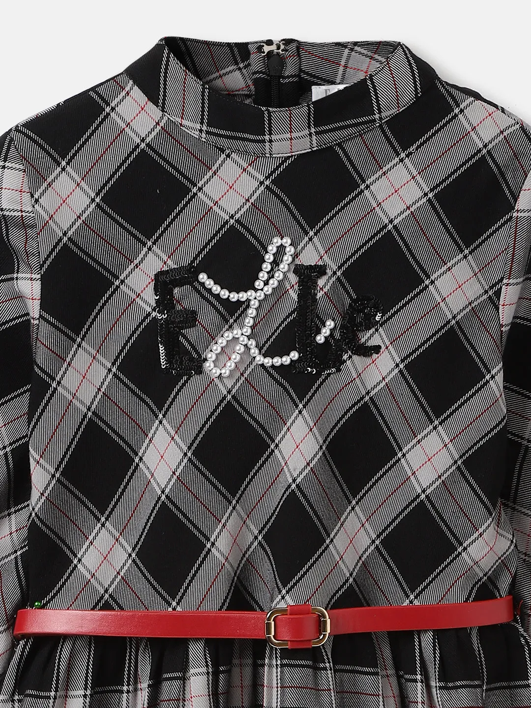 Elle Girls Black Checked Round Neck Full Sleeves A-Line Dress