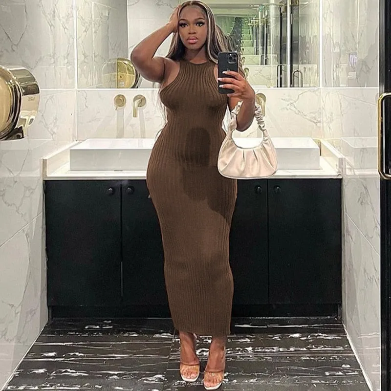 Fashion Backless Sleeveless Slim Fit High Waist Wrapped Hip Solid Color Bodycon Dress Maxi Dresses for Women