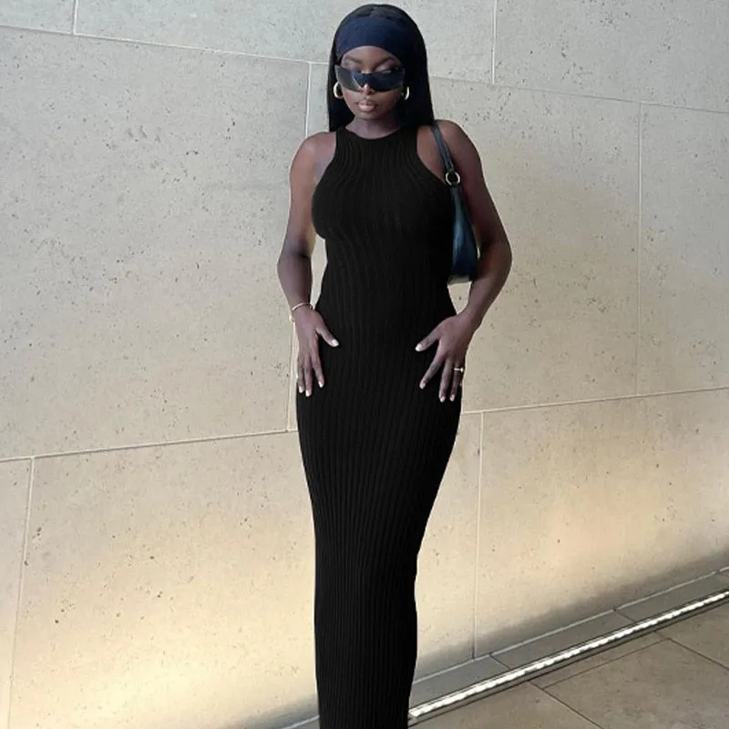 Fashion Backless Sleeveless Slim Fit High Waist Wrapped Hip Solid Color Bodycon Dress Maxi Dresses for Women