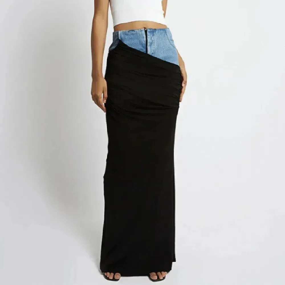 Fashion Black Panel Long Pencil Denim Skirt
