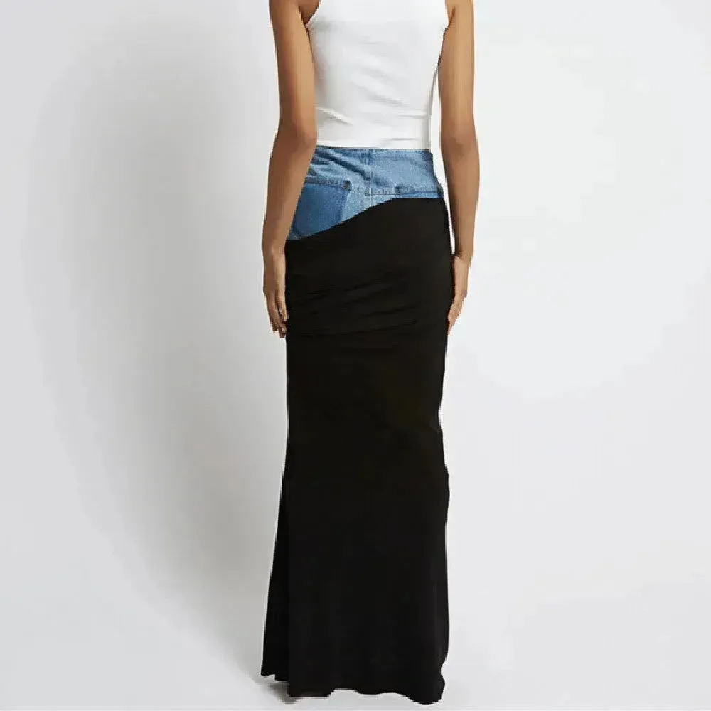 Fashion Black Panel Long Pencil Denim Skirt