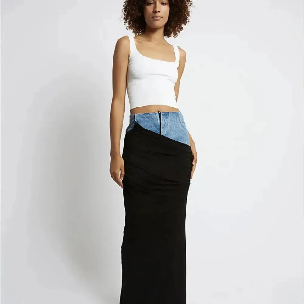 Fashion Black Panel Long Pencil Denim Skirt