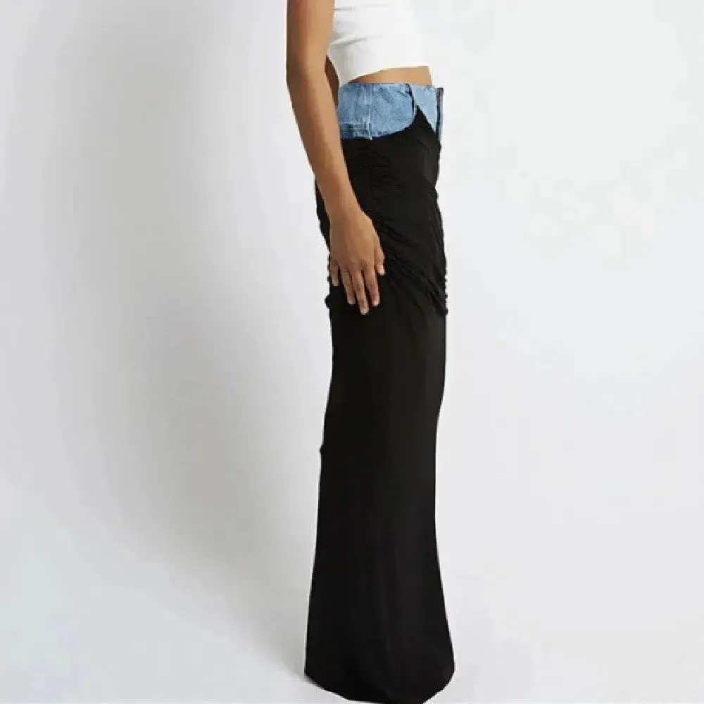 Fashion Black Panel Long Pencil Denim Skirt