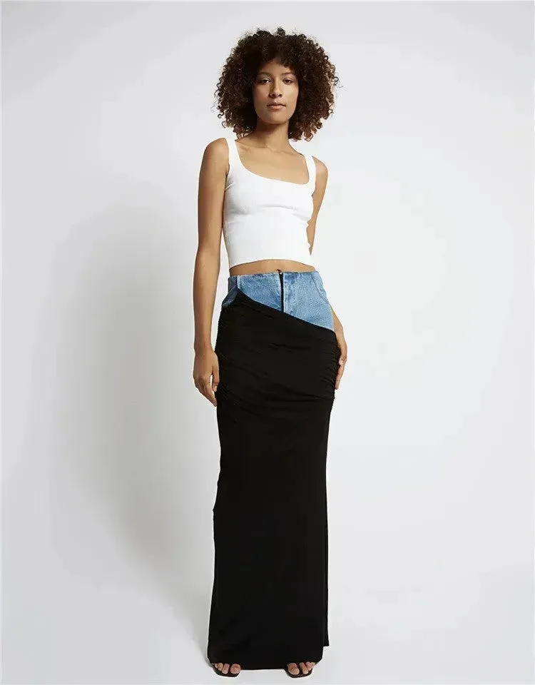 Fashion Black Panel Long Pencil Denim Skirt