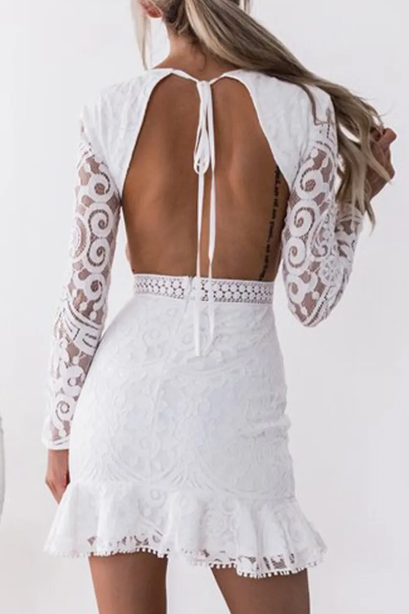 Fashion Elegant Solid Hollowed Out Frenulum Backless O Neck Wrapped Skirt Dresses