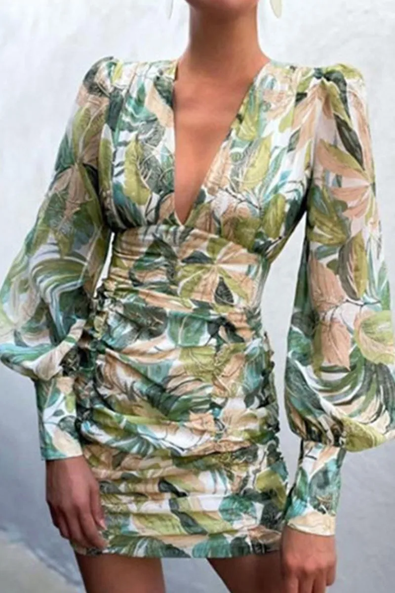 Fashion Sexy Mixed Printing Fold V Neck Wrapped Skirt Dresses