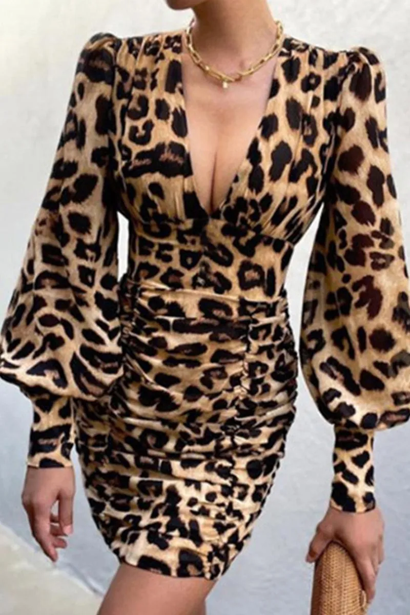 Fashion Sexy Mixed Printing Fold V Neck Wrapped Skirt Dresses