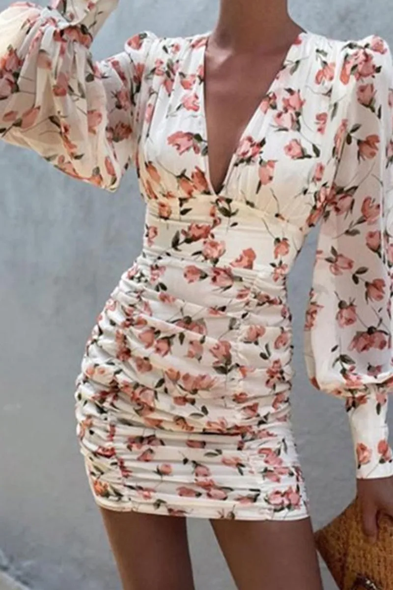 Fashion Sexy Mixed Printing Fold V Neck Wrapped Skirt Dresses