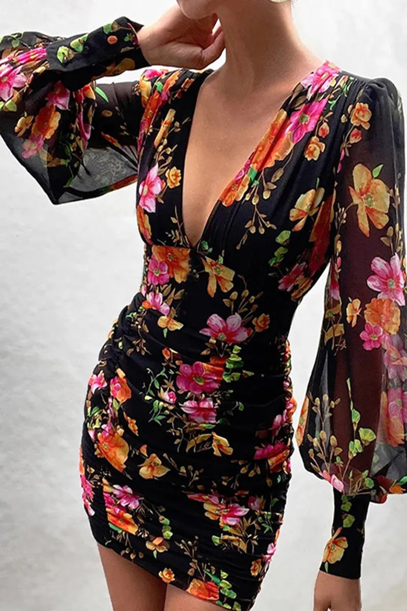 Fashion Sexy Mixed Printing Fold V Neck Wrapped Skirt Dresses