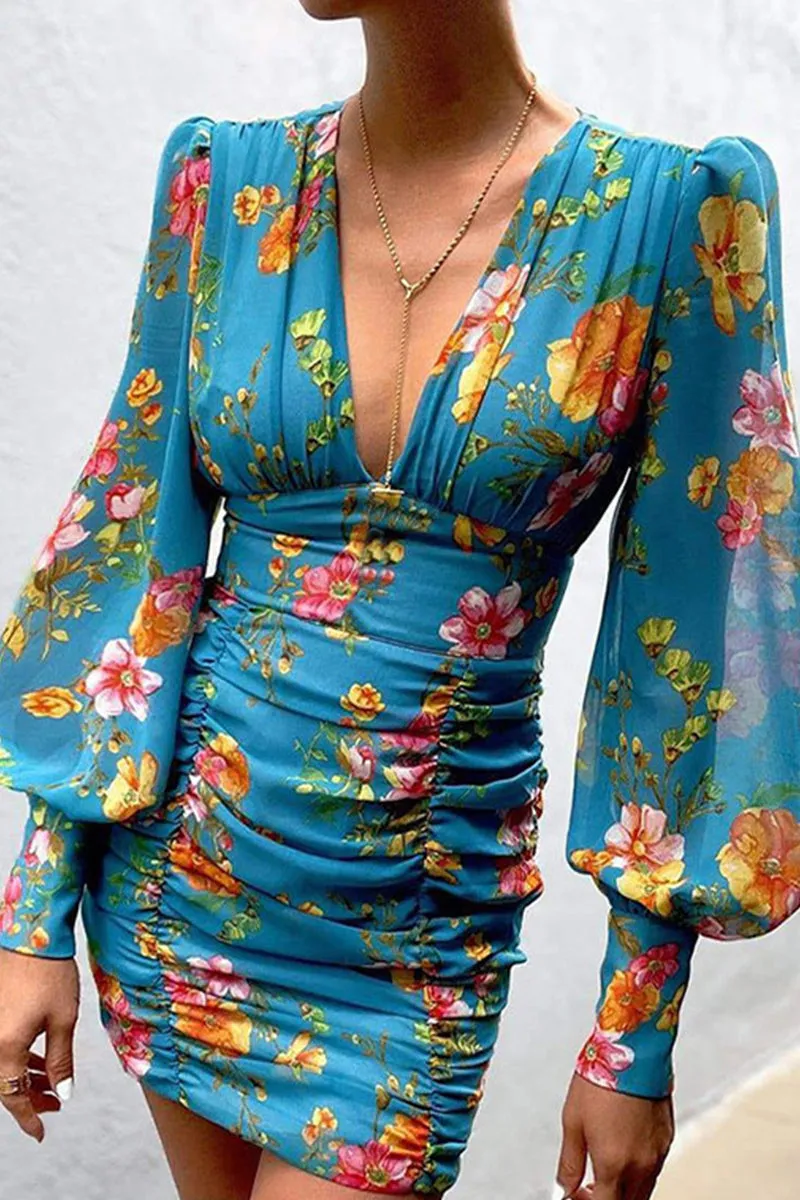 Fashion Sexy Mixed Printing Fold V Neck Wrapped Skirt Dresses