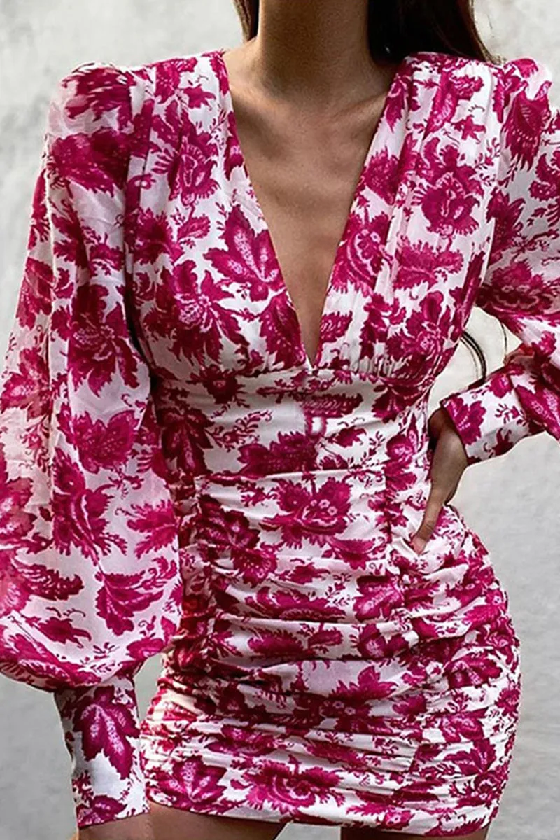 Fashion Sexy Mixed Printing Fold V Neck Wrapped Skirt Dresses