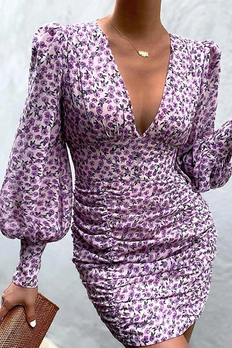 Fashion Sexy Mixed Printing Fold V Neck Wrapped Skirt Dresses
