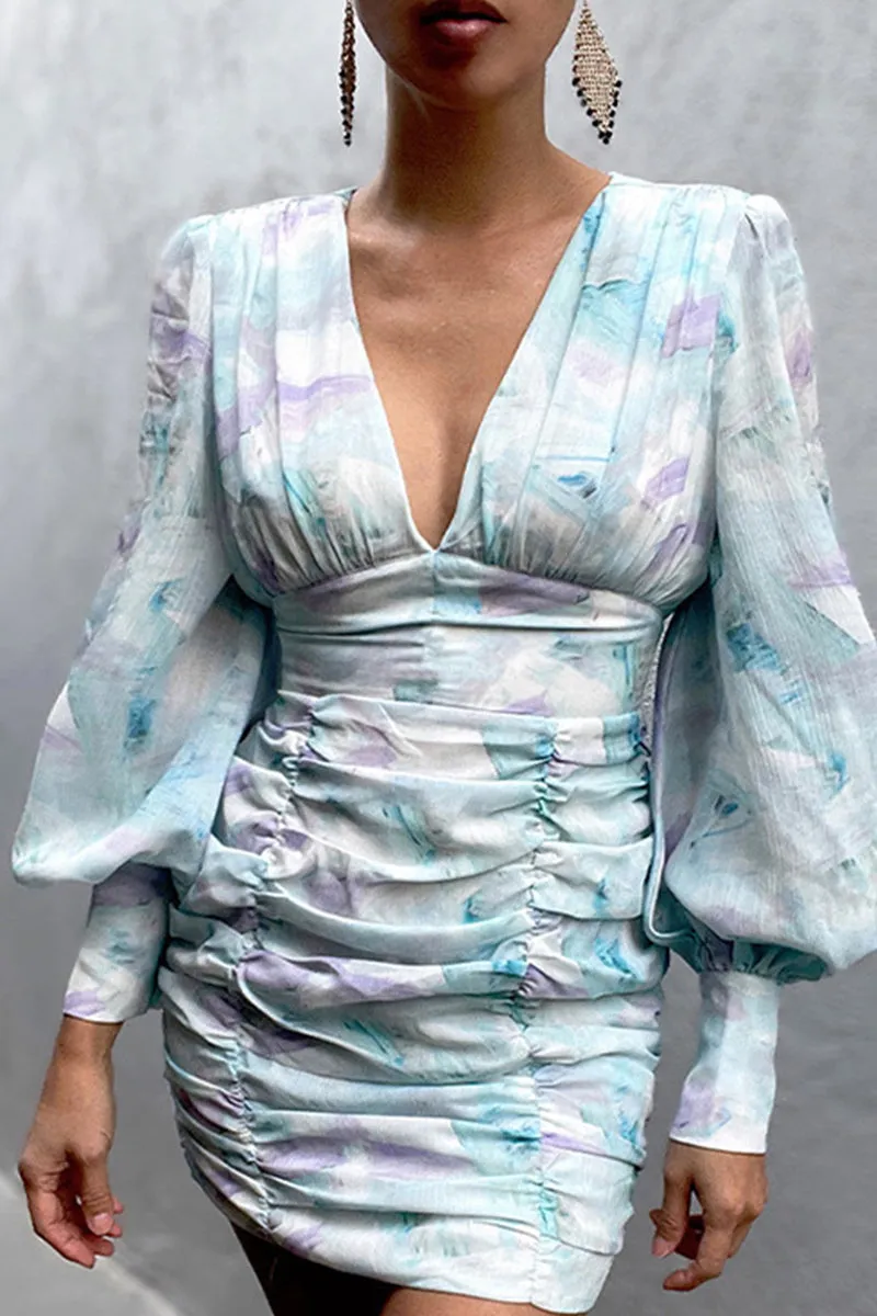 Fashion Sexy Mixed Printing Fold V Neck Wrapped Skirt Dresses