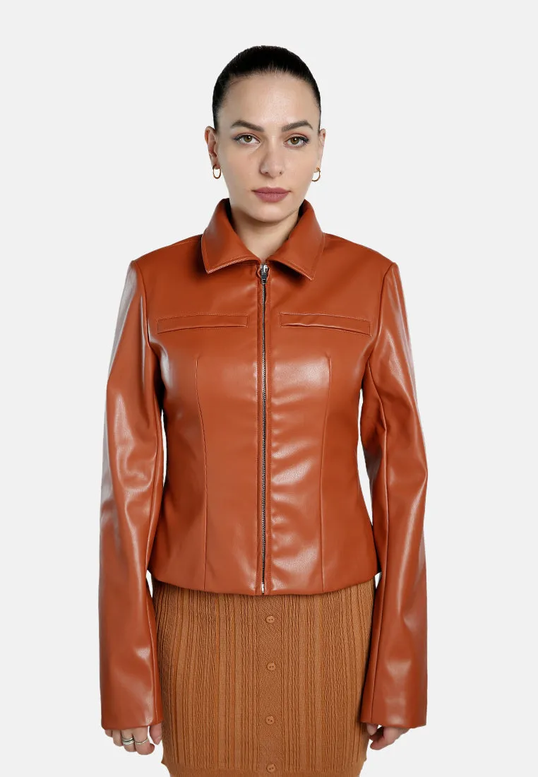 Faux Leather Collared Jacket