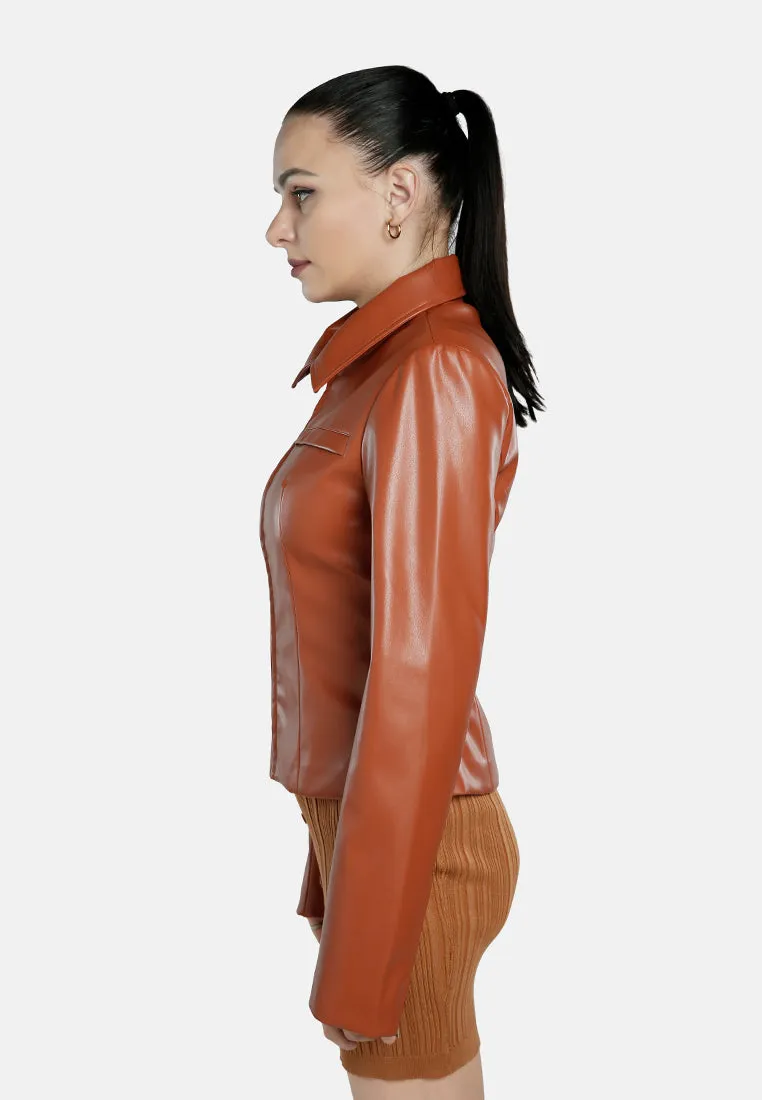 Faux Leather Collared Jacket