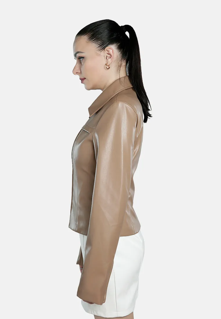 Faux Leather Collared Jacket