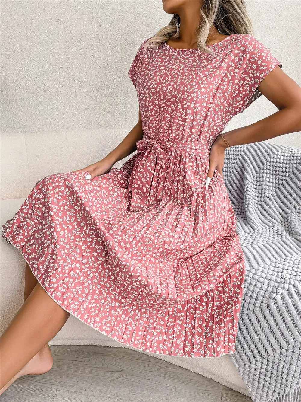 Ficusrong Floral Pleated A-Line Dress