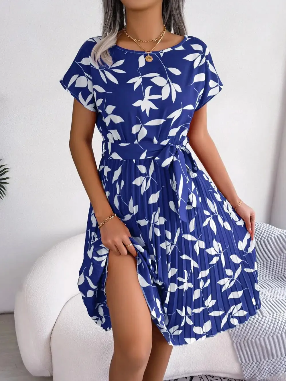 Ficusrong Floral Pleated A-Line Dress