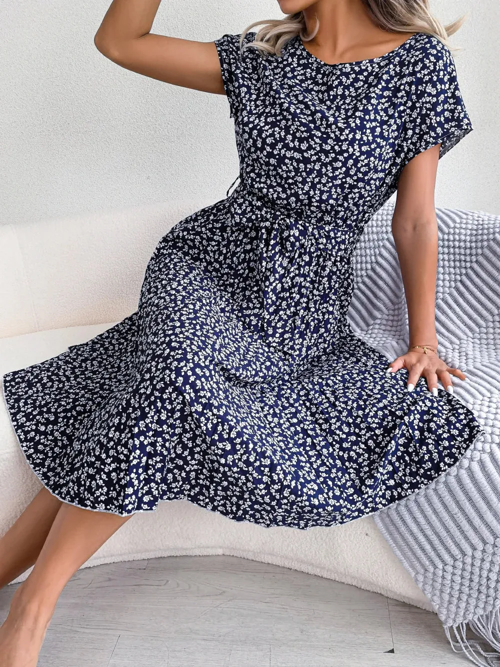 Ficusrong Floral Pleated A-Line Dress