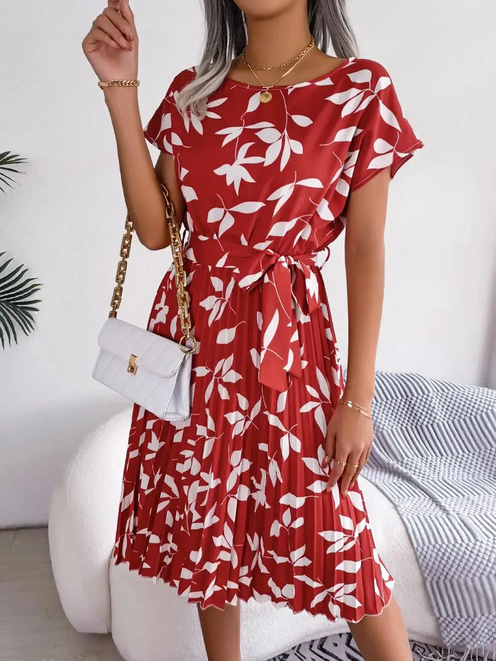 Ficusrong Floral Pleated A-Line Dress