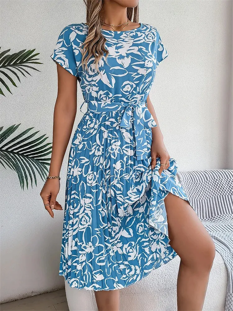 Ficusrong Floral Pleated A-Line Dress