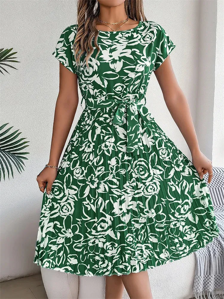 Ficusrong Floral Pleated A-Line Dress