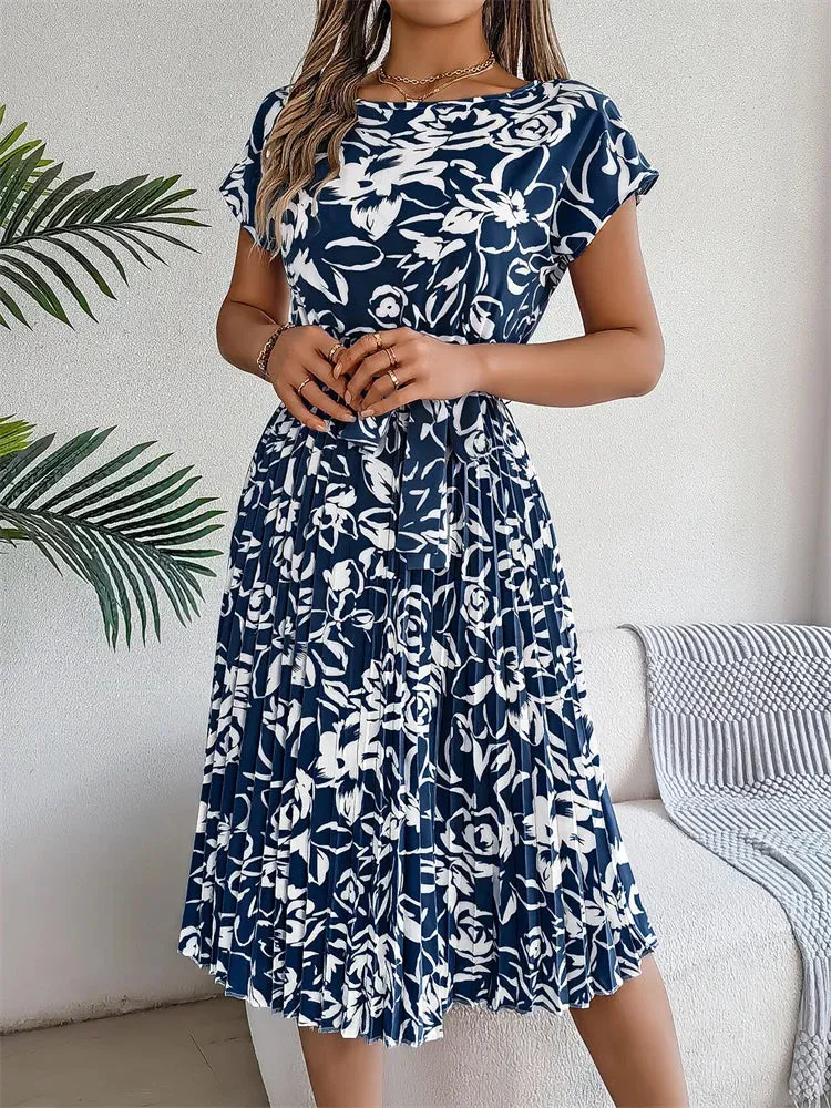 Ficusrong Floral Pleated A-Line Dress