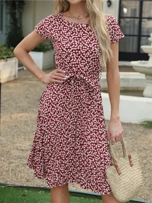 Ficusrong Floral Pleated A-Line Dress