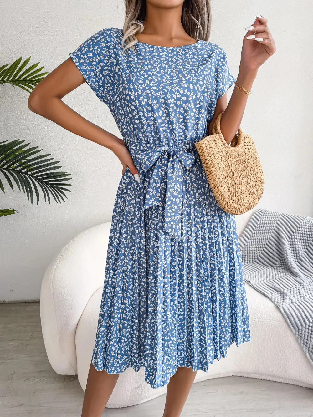Ficusrong Floral Pleated A-Line Dress