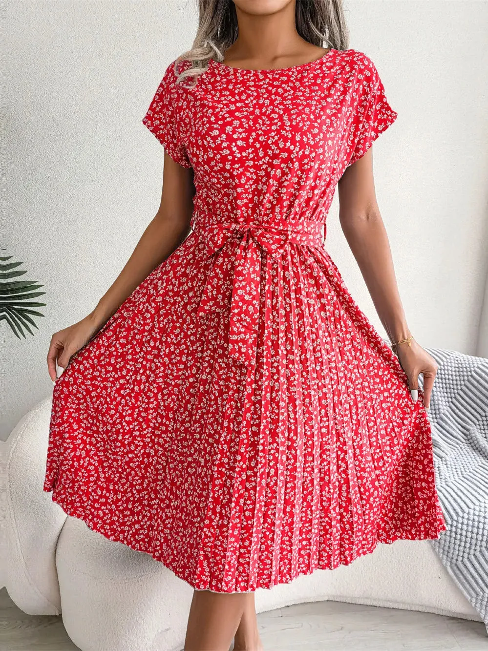 Ficusrong Floral Pleated A-Line Dress