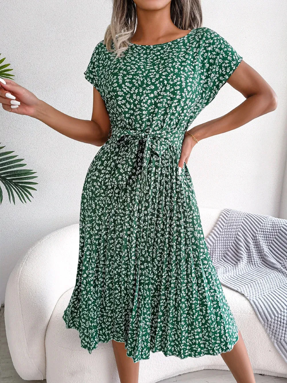 Ficusrong Floral Pleated A-Line Dress