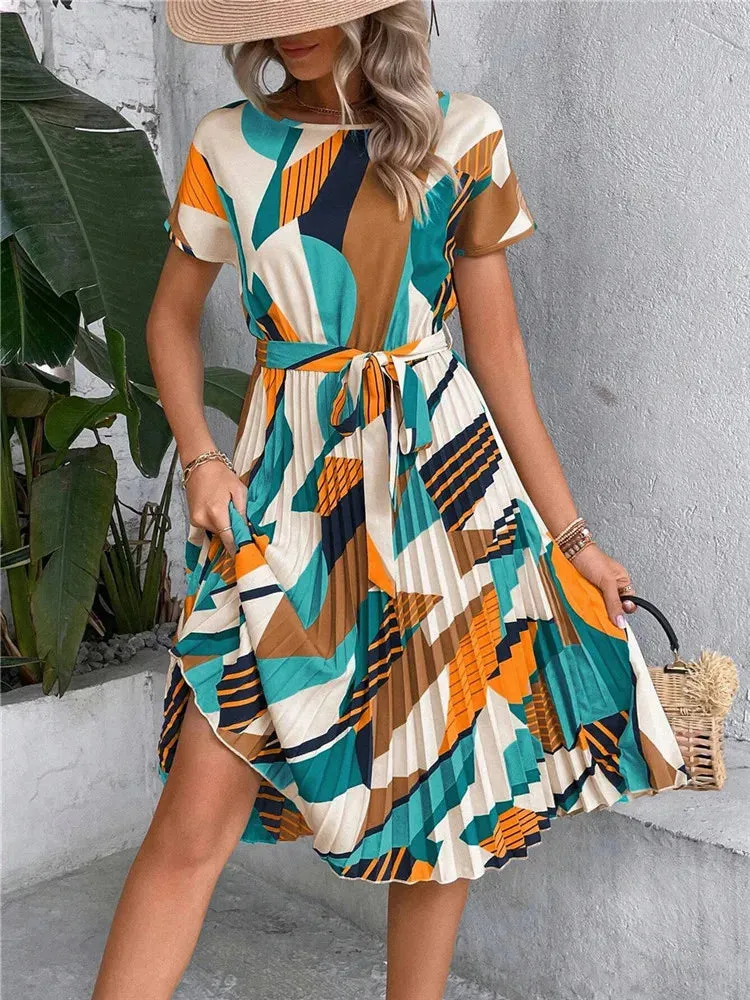 Ficusrong Floral Pleated A-Line Dress