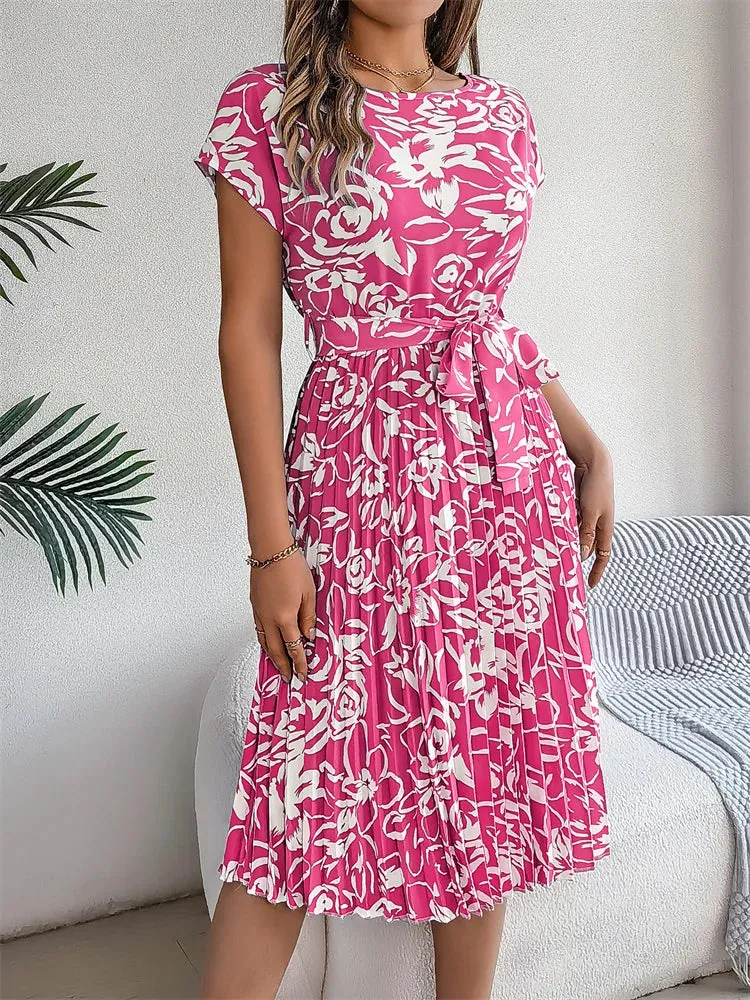 Ficusrong Floral Pleated A-Line Dress