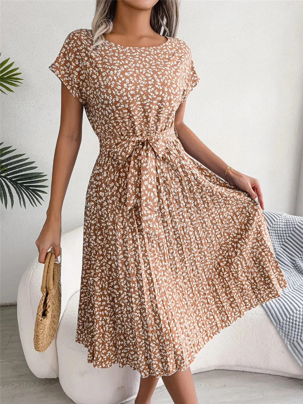 Ficusrong Floral Pleated A-Line Dress