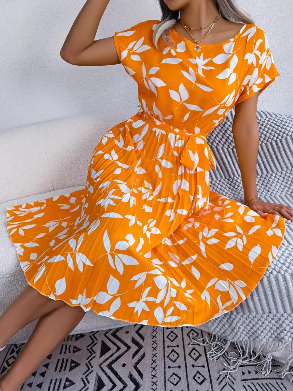 Ficusrong Floral Pleated A-Line Dress