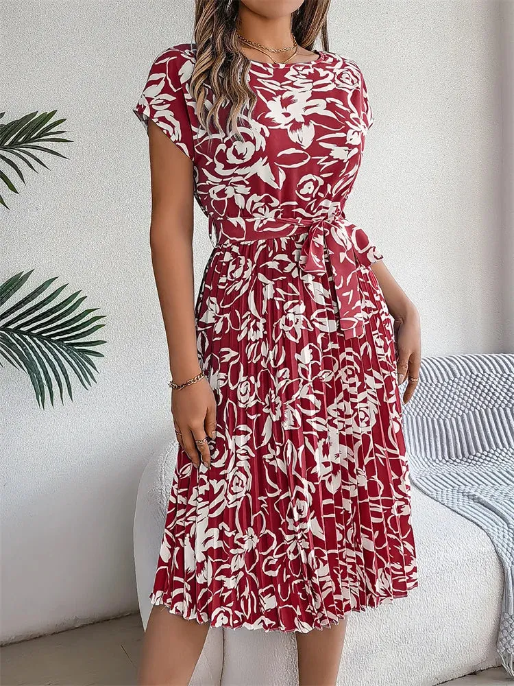 Ficusrong Floral Pleated A-Line Dress