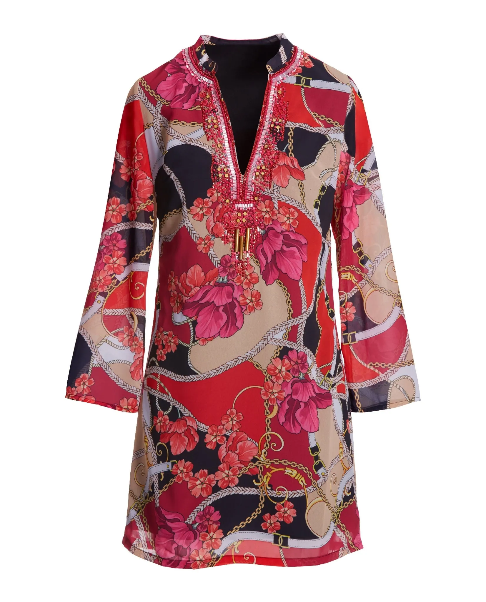Floral Moment Embellished Shift Dress Purple Tan Red