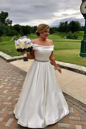 Fold Off-the-sleeves Satin Bride Dresses with Beaded Sash