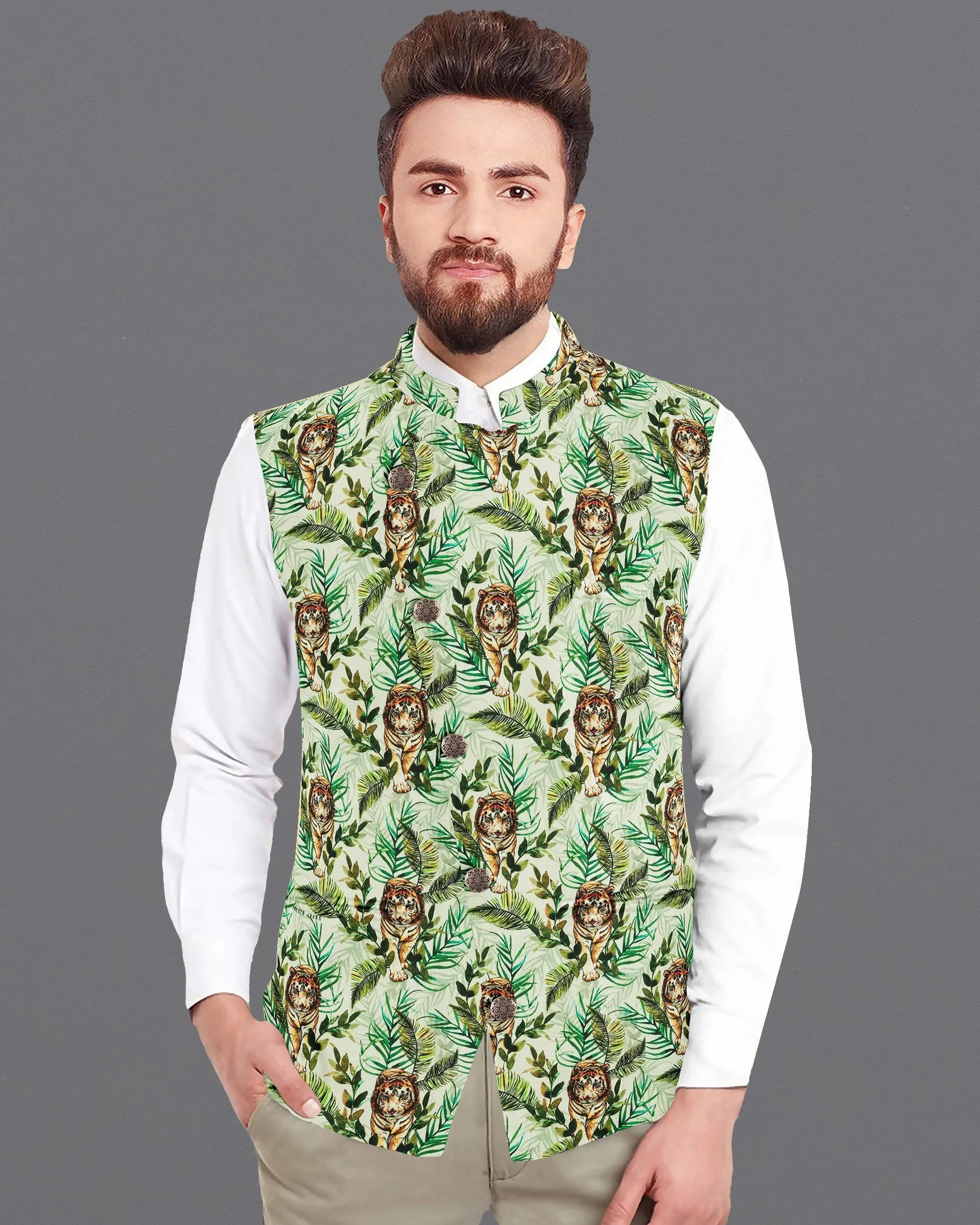 Forest Green Tiger Print Premium Cross Buttoned Designer Nehru Jacket