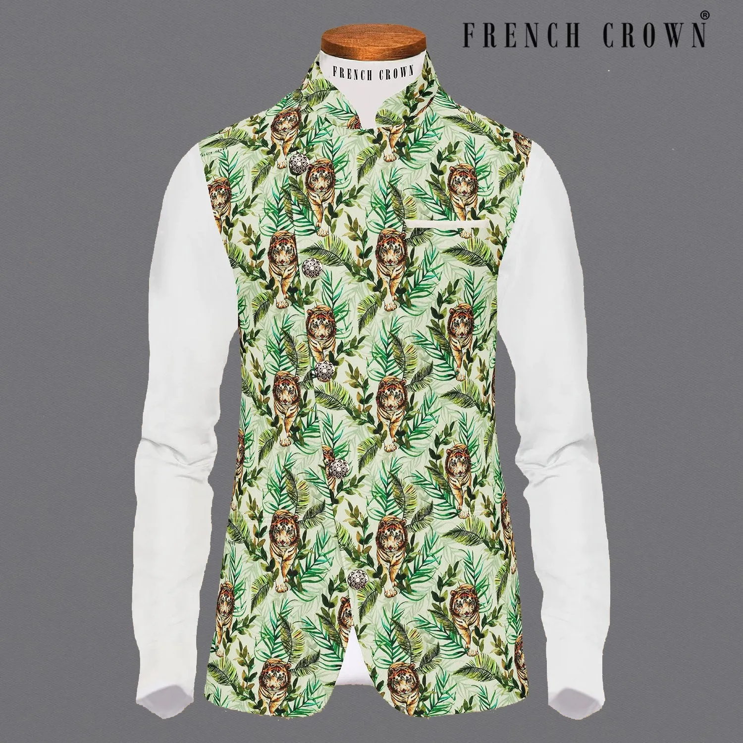 Forest Green Tiger Print Premium Cross Buttoned Designer Nehru Jacket