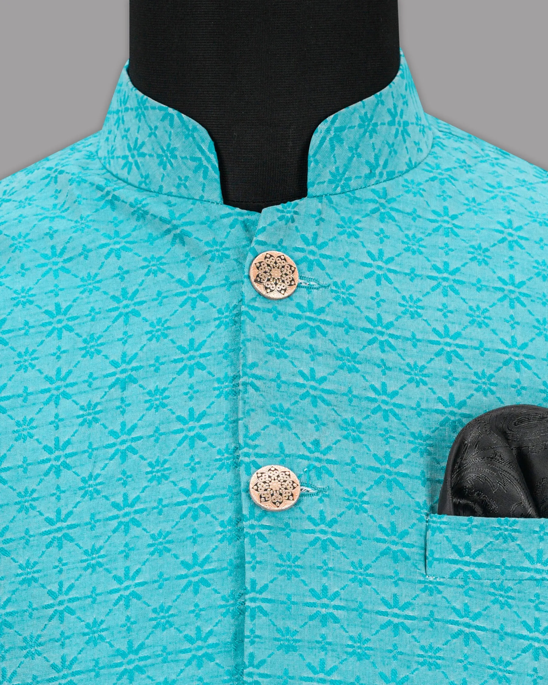 Fountain Blue Jacquard Designer Nehru Jacket